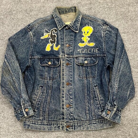 Vintage Lee Rider Denim Trucker Jacket Men's M Blue CUSTOM Looney Tunes USA Made